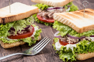 Fresh made Tuna Sandwiches on wood