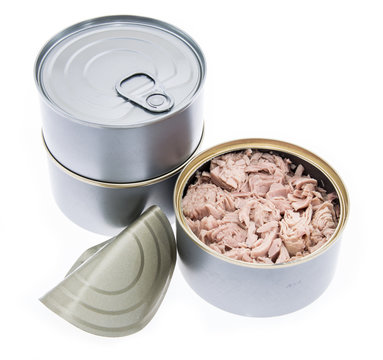 Tuna fish in a can on white