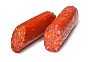 Large Chorizo sausage  isolated on a white studio background.