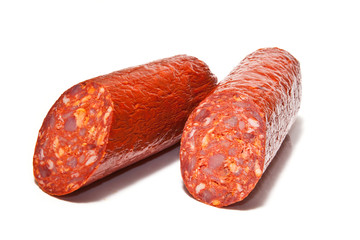 Large Chorizo sausage  isolated on a white studio background.