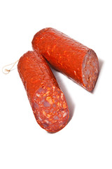 Large Chorizo sausage  isolated on a white studio background.