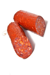 Large Chorizo sausage  isolated on a white studio background.