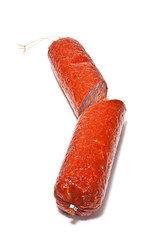 Large Chorizo sausage  isolated on a white studio background.