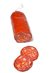 Large Chorizo sausage  isolated on a white studio background.