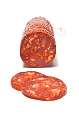 Large Chorizo sausage  isolated on a white studio background.