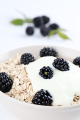 Oatmeal with yogurt and fresh organic blackberries