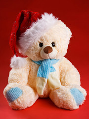 Bear in a festive scarf  and Santa Claus hat