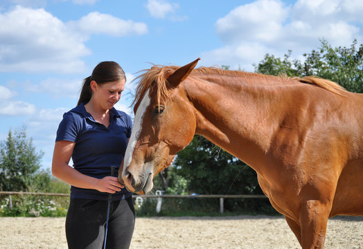 Junge Frau mit Pferd auf Reitplatz