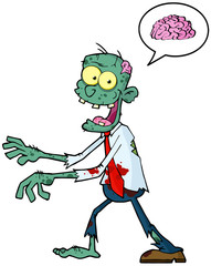 Blue Zombie And Speech Bubble With Brain