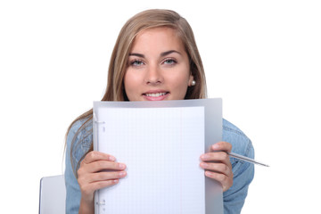 Blonde girl showing notebook