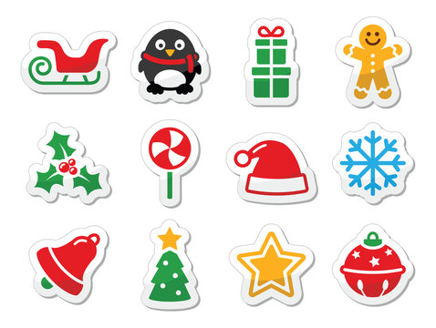 Christmas icons as colourful labels set