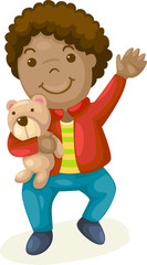 little boy holding doll bear on white