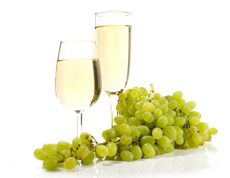 white wine and grapes isolated