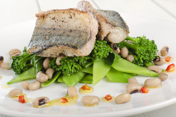 Grilled mackerel fillet with green vegetables & black eyed peas