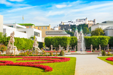 Mirabell Gardens and Hohensalzburg Fortress in Salzburg, Austria