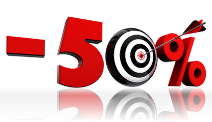 fifty per cent 50% red discount symbol with conceptual target