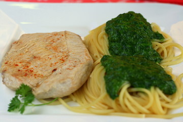 Putenschnitzel mit Spaghetti und Pesto