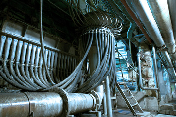 Industrial zone, Steel pipelines and cables in blue tones