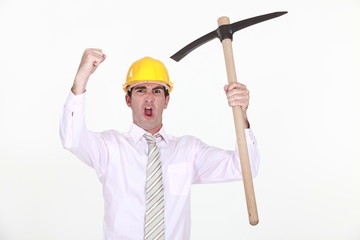 Animated architect holding ax