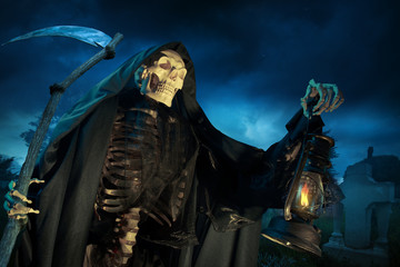 Grim reaper/ angel of death with lamp at night