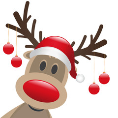 rudolph reindeer red nose christmas balls - obrazy, fototapety, plakaty