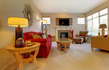 Elegant living room with red sofa, fireplace, TV