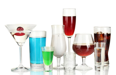 a variety of alcoholic drinks isolated on white