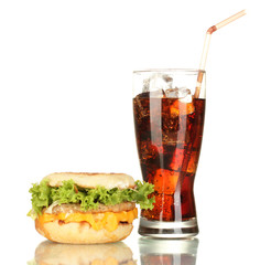 tasty sandwich and glass with cola, isolated on white