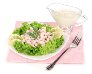 Delicious marinated shrimp in plate isolated on white