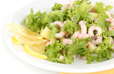 Delicious marinated shrimp in plate isolated on white