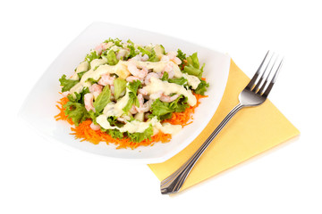 Delicious marinated shrimp in plate isolated on white