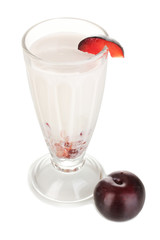 Delicious milk shake with fruit isolated on white