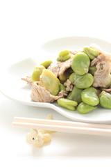 chinese cuisine, broad bean and pork stir fried