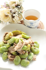 chinese cuisine, broad bean and pork stir fried