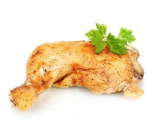 roasted chicken leg with parsley isolated on white