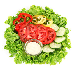 Chopped vegetables and sauce on plate isolated on white