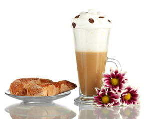 glass of fresh coffee cocktail with saucer with bagels isolated