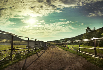 Fototapeta premium Beautiful view of the sunset in a field on a rural road