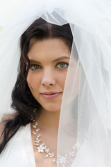 Portrait of the beautiful bride in a snow-white veil