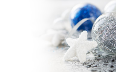 Silver and blue xmas decoration with copy space
