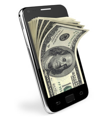 Smart phone with money concept. Dollars.