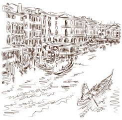 Venice - Grand Canal. The view from the Rialto Bridge. Vector sk