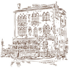 Venice - Grand Canal. Ancient building & gondola. Vector sketch