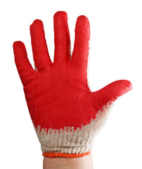 gloved hand stained in red paint