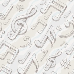 Vector seamless background with hand drawn treble clef and notes