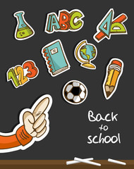 Back to School icons and hand on blackboard