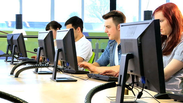 Young students focusing on education technology in hub