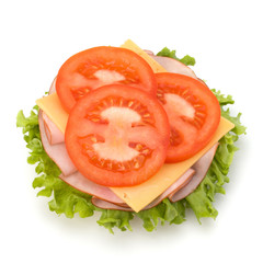 Healthy open sandwich with lettuce, tomato, smoked ham and chees