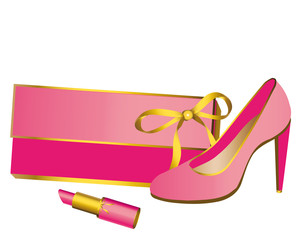 handbag, shoes, lipstick, pink on white