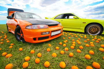 Two bright colour cars on grass
